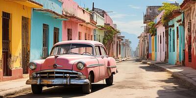 ai generiert. ai generativ. klassisch Jahrgang retro Rosa Cadillac beim Kuba Latein tropisch exotisch Landschaft. Abenteuer Ferien Caribiam Palme Bäume sonnig Straße Stimmung. Grafik Kunst foto