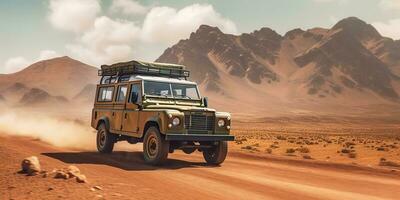 ai generiert. ai generativ. Auto Jeep Fahrzeug im Wüste Sand Landschaft. Straße Abenteuer Ausflug Reise Urlaub. Grafik Kunst foto