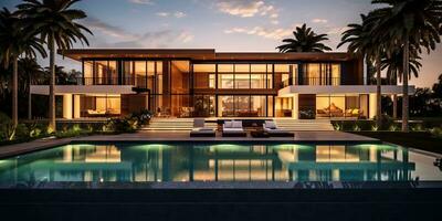 ai generiert. ai generativ. Luxus Villa Haus Villa Florida USA Miami Gebäude mit Garten und Schwimmbad. tropisch Ferien Stimmung. Grafik Kunst foto