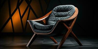 ai generiert. ai generativ. Architektur Arm Stuhl Sanft Kissen Holz sitzen Ort. Produkt gemütlich Zuhause Büro Design. Grafik Kunst foto