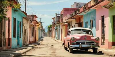 ai generiert. ai generativ. klassisch Jahrgang retro Rosa Cadillac beim Kuba Latein tropisch exotisch Landschaft. Abenteuer Ferien Caribiam Palme Bäume sonnig Straße Stimmung. Grafik Kunst foto