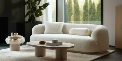 ai generiert. ai generativ. Weiß gemütlich Sofa. Zuhause Innen- die Architektur Innen- Design Stil Leben Zimmer. Grafik Kunst foto