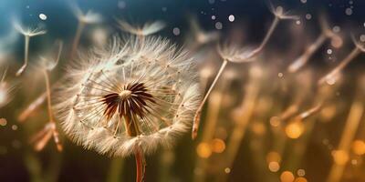 ai generiert. ai generativ. ausgesät Löwenzahn wild Blume auf Feld weht. Natur draussen Wildblume Abenteuer Ferien Landschaft. Grafik Kunst foto