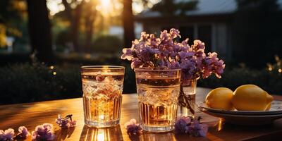 ai generiert. ai generativ. Lavendel Cocktails mit Pflanze Blume. Aktualisierung Getränk trinken im Glas auf Sonnenuntergang Abend auf Holz Tisch. Party Familie Stimmung. Grafik Kunst foto