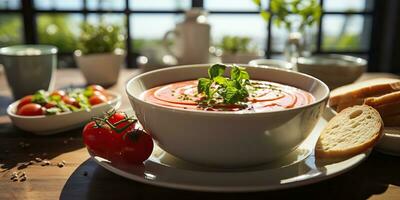ai generiert. ai generativ. rot Tomate Suppe Schüssel Platte. Restaurant organisch Vegetarier Essen Mahlzeit Zuhause klassisch Stimmung. Grafik Kunst foto