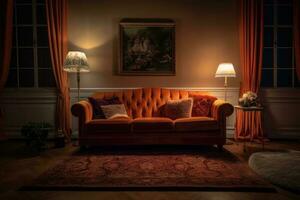 ein komfortabel Leben Zimmer mit ein Orange Couch foto