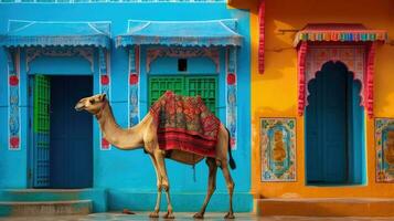 ein Kamel Stehen draußen ein Haus mit hell Blau und rot Wände foto