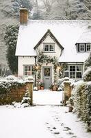 schön Land Hütte dekoriert zum Weihnachten auf ein schneebedeckt Winter Tag, Urlaub und Feier, generativ ai foto