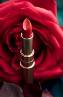 rot Lippenstift im ein golden Tube und Blühen Rose Blume, Schönheit kosmetisch und bilden Produkt, generativ ai foto