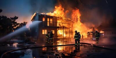 ai generiert. ai generativ. Feuer Feuerwehrmann stellen auf Wasser auf Feuer Flamme Haus. motivierend Held schwer arbeiten. Grafik Kunst foto