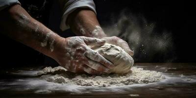 ai generiert. ai generativ. Bäckerei Mehl rollen Hände bereiten Teig zum Pizza Pasta Essen Mahlzeit Restaurant. Grafik Kunst foto