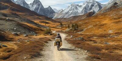 ai generiert. ai generativ. Berg Fahrrad Radfahren aktiv passen Sport Abenteuer Ausflug mit Gepäck. Grafik Kunst foto