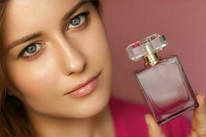 Parfüm, Schönheit Produkt und Kosmetika Modell- Gesicht Porträt auf Rosa Hintergrund, schön Frau halten Duft Flasche mit Blumen- feminin Duft, Mode und bilden foto