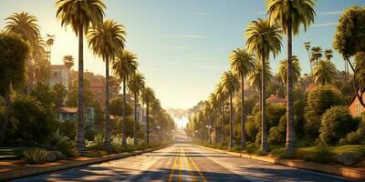 ai generiert. ai generativ. amerikanisch Miami Kalifornien Straße Ausflug mit Palmen. Abenteuer Reise Ferien Stimmung. Grafik Kunst foto