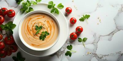 ai generiert. ai generativ. rot Tomate Suppe Schüssel Platte. Restaurant organisch Vegetarier Essen Mahlzeit Zuhause klassisch Stimmung. Grafik Kunst foto