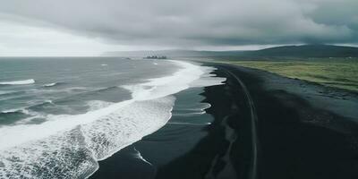 ai generiert. ai generativ. Island Antenne Luft Drohne Sicht. Kosten Strand Ozean Welle Linie. schwarz Sand Landschaft. Abenteuer Natur Reise Stimmung. Grafik Kunst foto