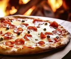 Pizza Capricciosa hausgemacht mit Feuer im das Ofen, online Lieferung von Pizzeria, nehmen Weg und Italienisch schnell Essen, generativ ai foto