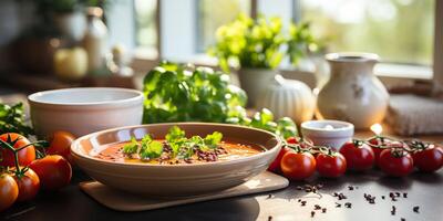 ai generiert. ai generativ. rot Tomate Suppe Schüssel Platte. Restaurant organisch Vegetarier Essen Mahlzeit Zuhause klassisch Stimmung. Grafik Kunst foto