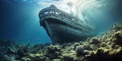 ai generiert. ai generativ. unter Wasser Meer Ozean Tauchen unterschiedlich Abenteuer. unter Wasser erkunden Ausflug alt Geschichte Schiff. nautisch Marine tief blauw vibe.graphic Kunst foto