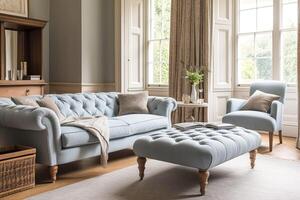 blass Blau Sitzung Zimmer Dekor, Innere Design und Haus Verbesserung, Leben Zimmer Möbel, Sofa und Zuhause Dekor im Land Haus und elegant Hütte Stil, generativ ai foto