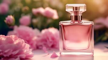 luxuriös Blumen- Duft, Duft Flasche und Rosa Blumen, Parfüm kommerziell im Blume Garten, maßgeschneidert Parfümerie und Schönheit Produkt Verkauf, generativ ai foto