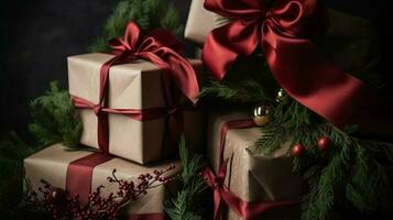 klassisch Weihnachten die Geschenke und Urlaub Geschenke, eingewickelt Geschenk Kisten unter Weihnachten Baum, Boxen Tag und Ferien Einkaufen, generativ ai foto