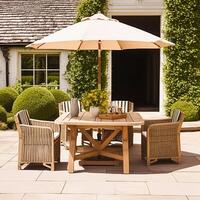 modern Hütte Garten Möbel, draussen Dekor und Landschaft Haus Terrasse Terrasse Stühle und Tabelle mit Regenschirm, Land Stil, generativ ai foto