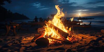 ai generiert. ai generativ. Sonnenuntergang Abend Nacht Lagerfeuer Lagerfeuer Feuer Holz beim Meer Ozean Küste Strand Sand. Abenteuer Ferien Ausflug Camping Stimmung. Grafik Kunst foto