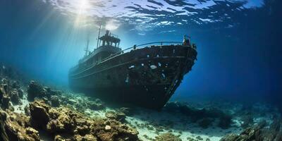 ai generiert. ai generativ. unter Wasser Meer Ozean Tauchen unterschiedlich Abenteuer. unter Wasser erkunden Ausflug alt Geschichte Schiff. nautisch Marine tief blauw vibe.graphic Kunst foto