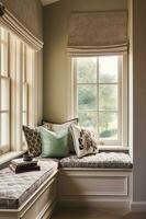 Fenster Sitz, Innere Design und Komfort beim heim, lesen Winkel mit Kissen und Dekor im ein Land Haus, Englisch Hütte Stil, generativ ai foto