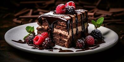 ai generiert. ai generativ. Schokolade Kuchen Kuchen Wüste bown backen Zucker Süss organisch Lebensmittel. Abend Party Geburtstag Hintergrund. Grafik Kunst foto