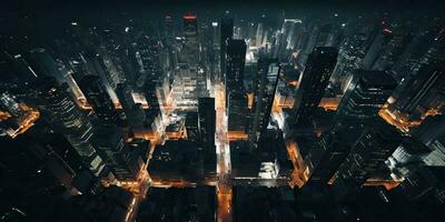 ai generiert. ai generativ. Nacht über Luft Antenne Drohne Panorama- Stadt städtisch Wolkenkratzer Stadt, Dorf Landschaft Sicht. Abenteuer Reise Reise fliegen Stimmung. Grafik Kunst foto