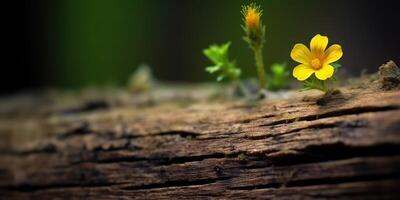 ai generiert. ai generativ. schön Gelb Blume wachsend von hölzern Backstein Block Tisch. Blumen- Leistung stark Natur draussen Stimmung. Grafik Kunst foto