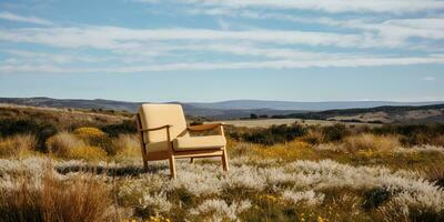 ai generiert. ai generativ. gemütlich hölzern Arm Stuhl gemütlich auf das Natur draussen wild Feld. Ferien entspannen Stimmung. Grafik Kunst foto