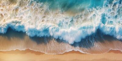 ai generiert. ai generativ. oben Antenne Drohne Luft über Aussicht von Ozean Meer Wellen Strand. Insel Ferien Abenteuer Surfen tropisch Stimmung. Grafik Kunst foto