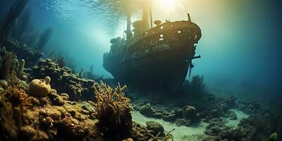 ai generiert. ai generativ. unter Wasser Meer Ozean Tauchen unterschiedlich Abenteuer. unter Wasser erkunden Ausflug alt Geschichte Schiff. nautisch Marine tief blauw vibe.graphic Kunst foto