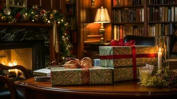 Weihnachten Geschenke, glücklich Ferien und Urlaub Feier, eingewickelt Geschenk Kisten, die Geschenke und dekoriert Weihnachten Baum, generativ ai foto