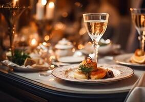 Luxus Essen Service, Vorspeisen und Nachspeisen serviert beim ein Restaurant oder formal Abendessen Veranstaltung im klassisch Englisch Stil im das luxuriös Hotel oder Land Anwesen, generativ ai foto