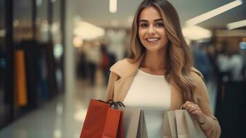 glücklich Frau mit bunt Einkaufen Taschen foto