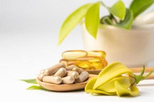 alternative Medizin pflanzliche Bio-Kapsel mit Vitamin E Omega 3 Fischöl, Mineralstoff, Medikament mit Kräuterblatt natürliche Nahrungsergänzungsmittel für ein gesundes und gutes Leben.