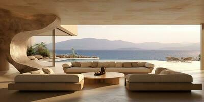 ai generiert. ai generativ. griechisch Insel Luxus Hotel Innere die Architektur Design Aktion entspannen Zeit. Abenteuer Ausruhen Ruhe Stimmung. Grafik Kunst foto