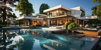 ai generiert. ai generativ. modern Design die Architektur Haus Villa Hotel Villa mit Schwimmen Schwimmbad. draussen Luxus Stimmung Urlaub. Grafik Kunst foto