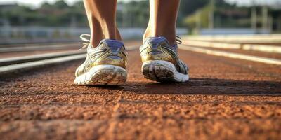 ai generiert. ai generativ. Sport passen Fitnessstudio Inspiration Motivation Spur Lauf Joggen Gehen Marathon- Entfernung mit Beine auf Oberfläche. Grafik Kunst foto