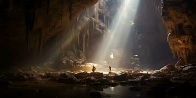 ai generiert. ai generativ. unter Boden draussen Natur Höhle mit Licht Szene. Abenteuer erkunden Ausflug Ferien Tour Stimmung. Grafik Kunst foto