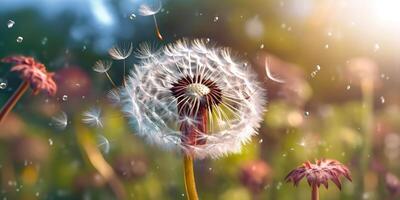 ai generiert. ai generativ. ausgesät Löwenzahn wild Blume auf Feld weht. Natur draussen Wildblume Abenteuer Ferien Landschaft. Grafik Kunst foto