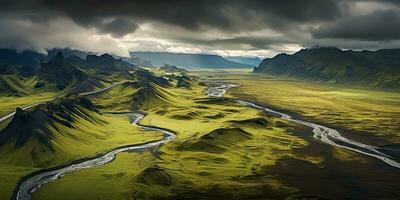 ai generiert. ai generativ. Natur draussen Landschaft wild Schönheit Berg Fluss Feld Drohne Luft Foto Illustration. Abenteuer Reise Ferien Stimmung. Grafik Kunst