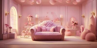 ai generiert. ai generativ. Rosa Barbie Stil Leben Zimmer weiblich Frau. elegant Farbe klassisch Dekoration. Sofa Stuhl Mauer und gemütlich Einzelheiten. Grafik Kunst foto