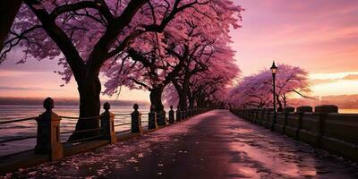 ai generiert. ai generativ. schön japanisch asiatisch gehen Straße mit blühen Kirsche Baum Pflanze Bäume. romantisch Ruhe Ferien entspannen Stimmung. Grafik Kunst foto