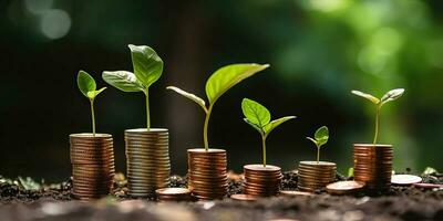 ai generiert. ai generativ. wachsend Finanzen Geld Lager investieren Münzen Krug mit Grün Pflanze. Grafik Kunst foto