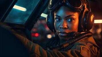 stolz afrikanisch amerikanisch weiblich Luft Macht Kämpfer Pilot im das Cockpit von ihr Kämpfer Jet - - generativ ai. foto